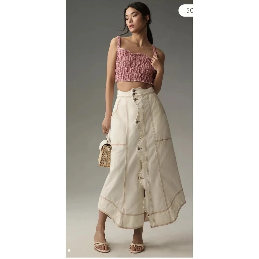 Farm Rio Denim Wave Maxi Skirt Off-White Contrast Stitch Button Front Size 24 - Picture 1 of 6